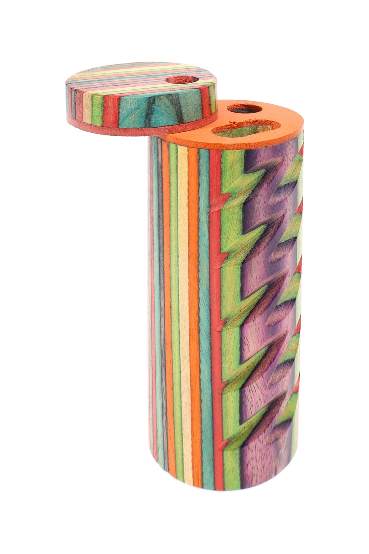 4″ round multicolor wood dugout with lid open, showing carved zigzag grip and striped layered grain