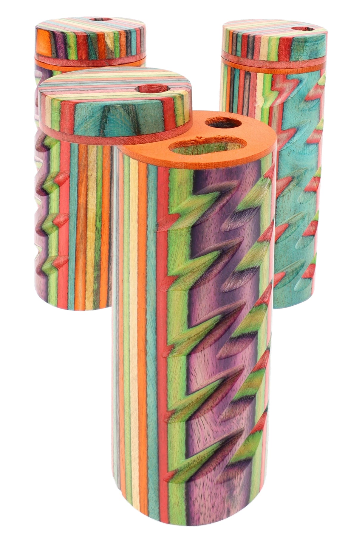 Trio of assorted multicolor carved wood dugouts with lids open, round design and rainbow layered pattern
