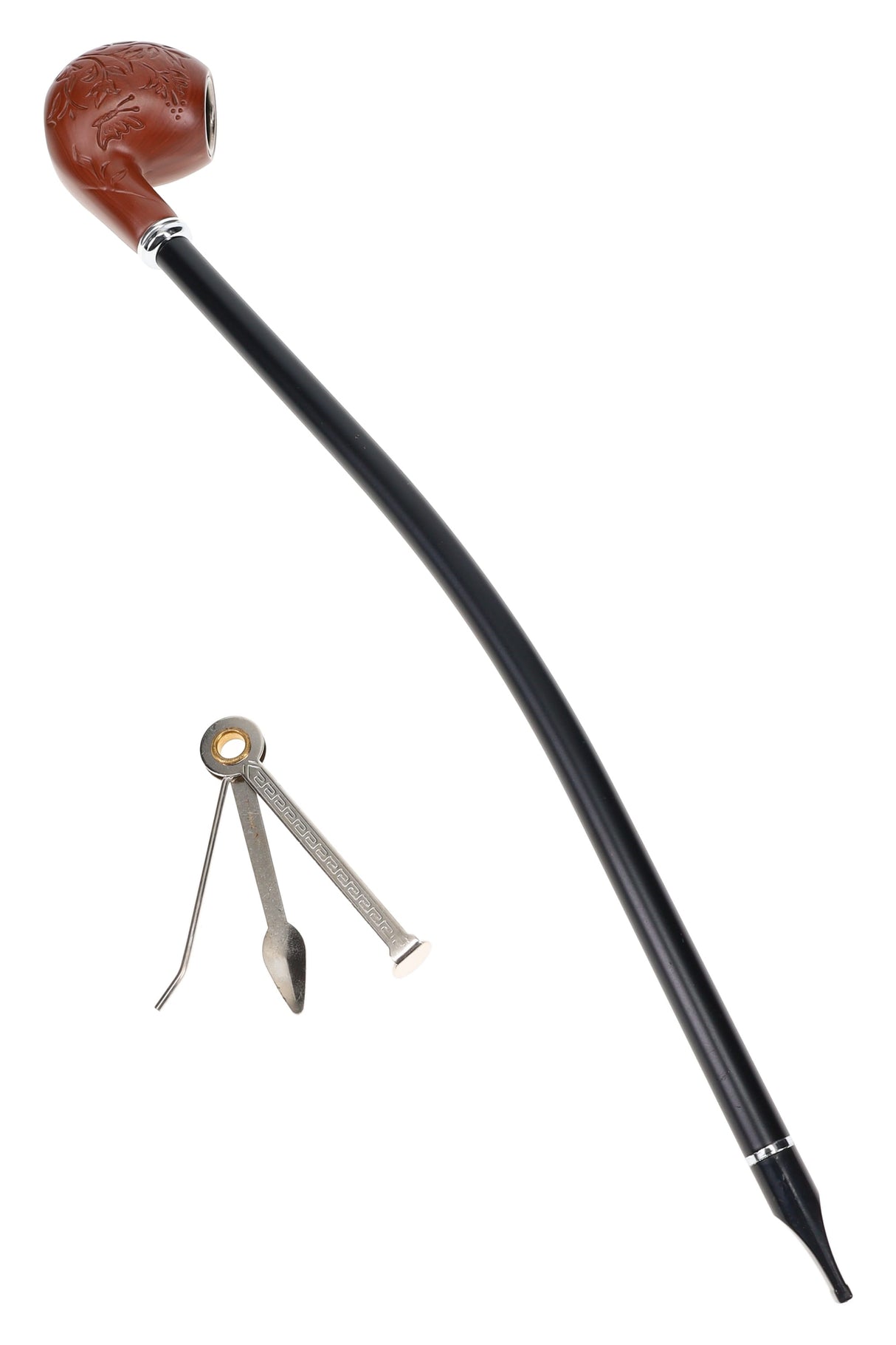 16″ wood pipe with carved butterfly-and-leaf bowl design, black curved stem, and included metal tamper tool