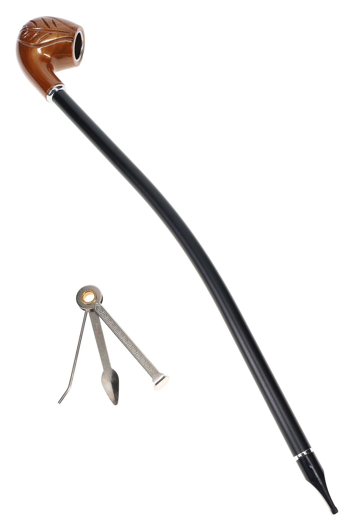 16″ classic wood pipe with carved leaf bowl detail and long black stem, shown with small metal poker tool