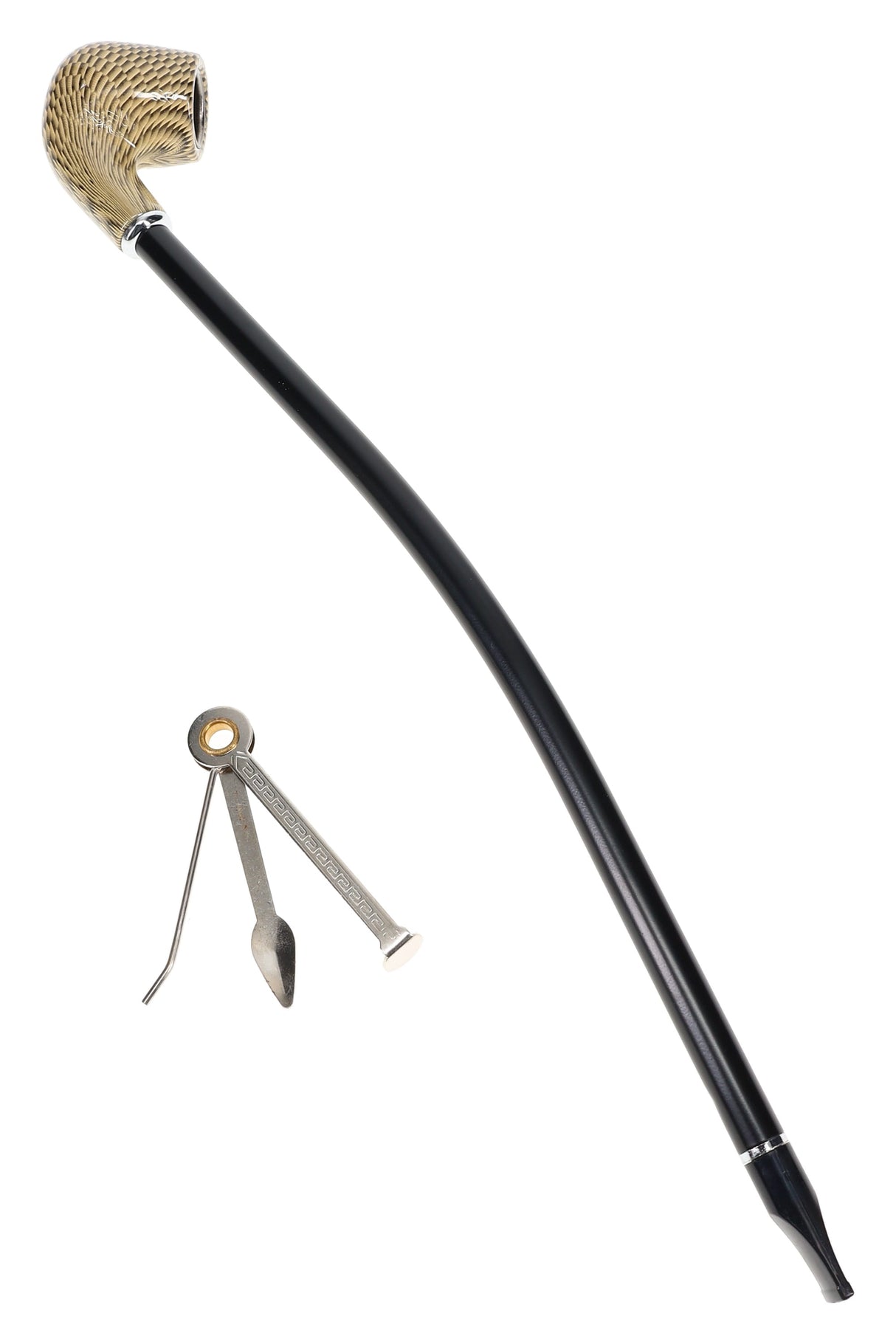 16″ wood pipe with tan-and-black checker pattern bowl and long black stem, metal bowl insert shown