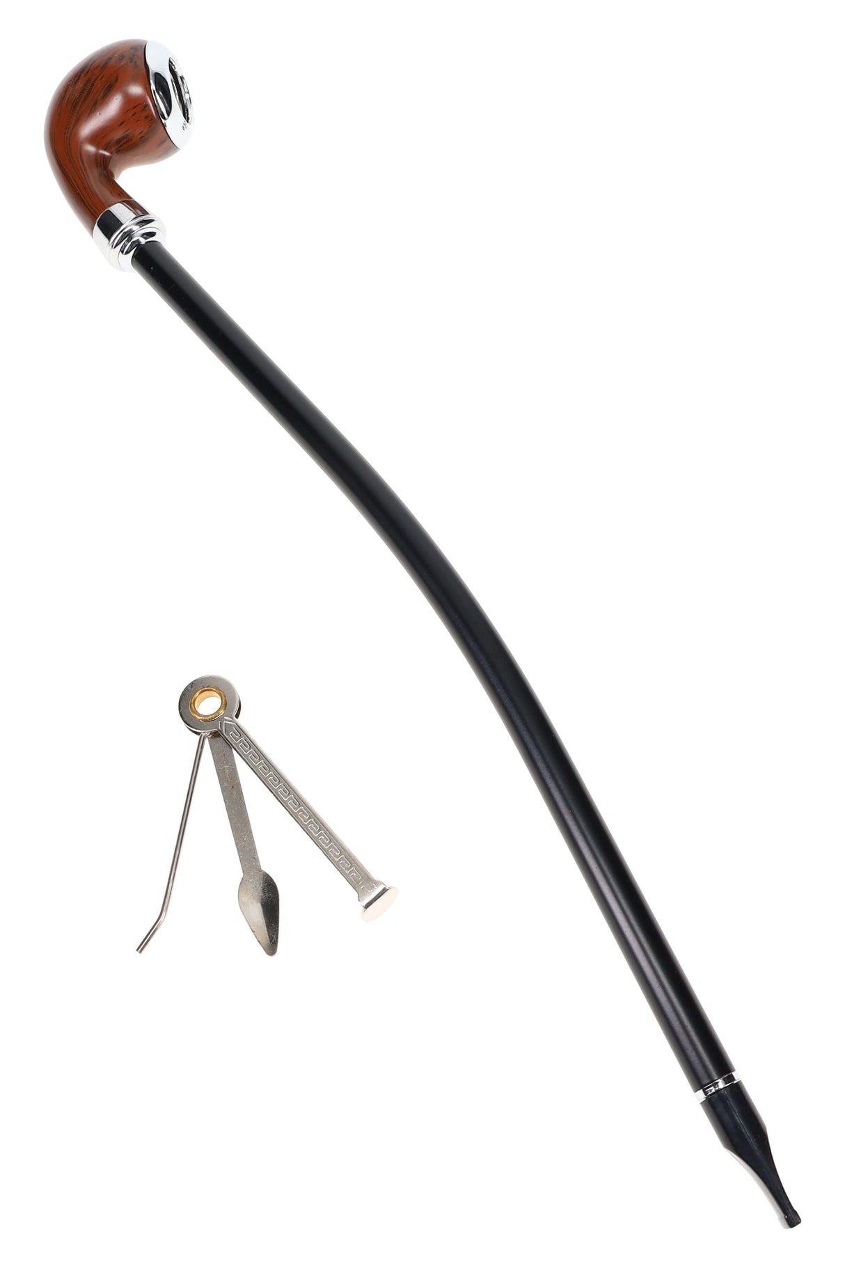 6″ wood-grain smoking pipe with silver-rim bowl and long black curved stem, includes metal poker tool