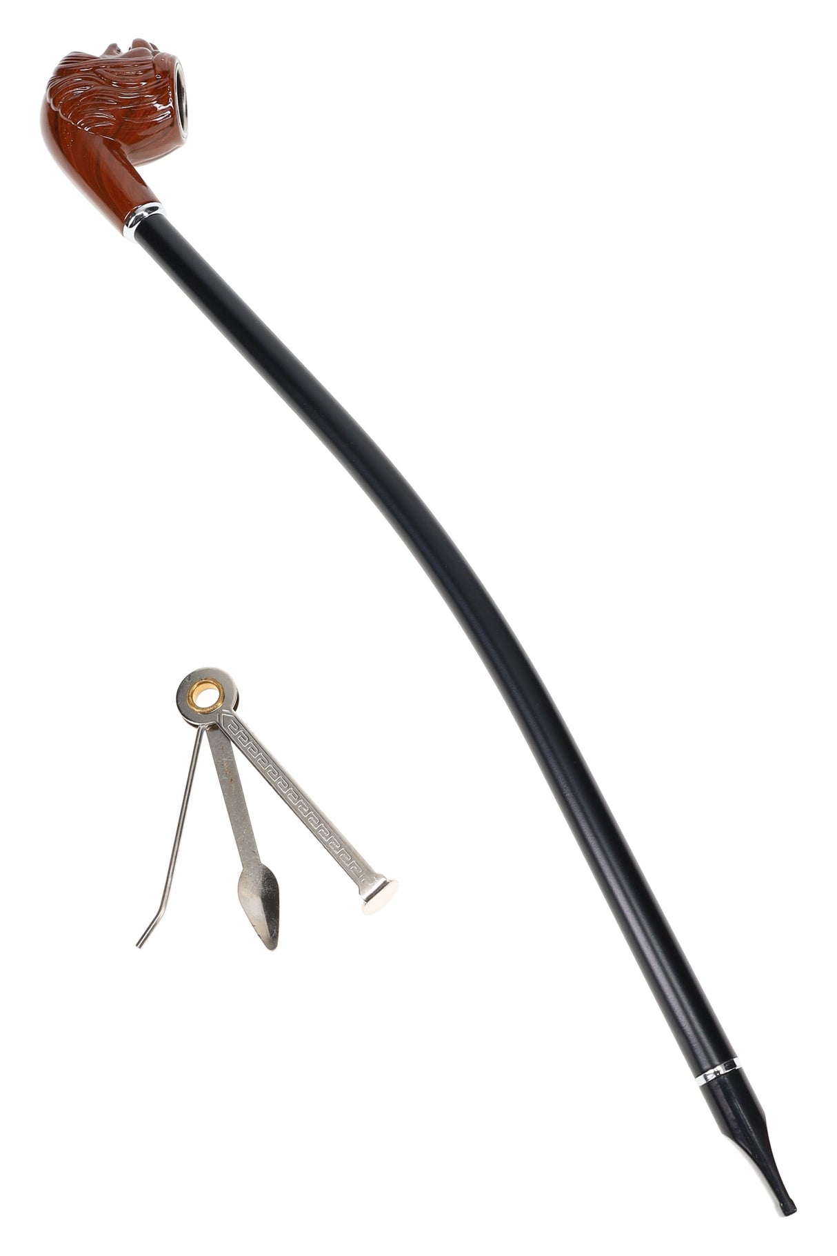 16″ wood pipe with textured carved bowl top and black curved stem, shown beside included metal tamper tool