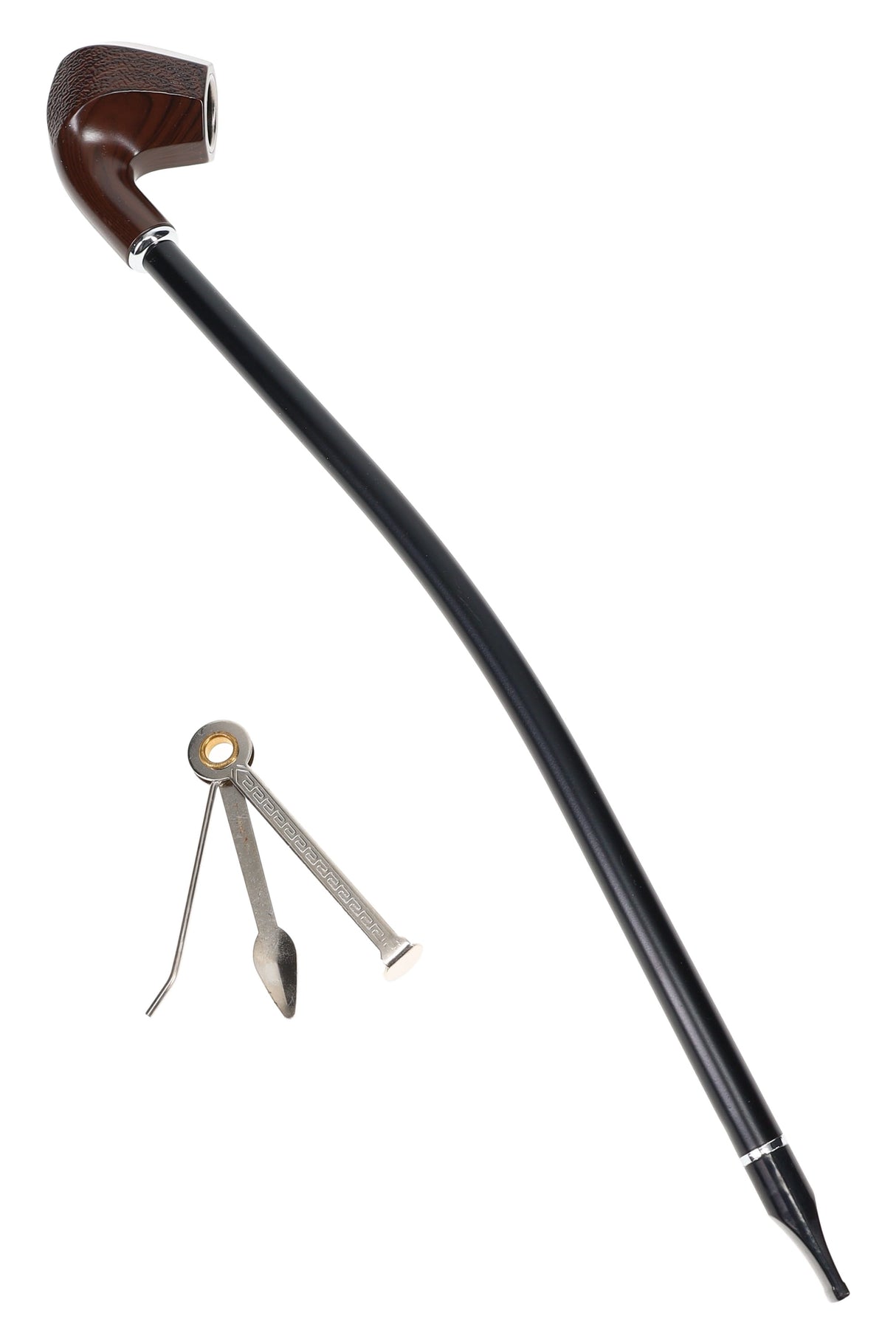 16″ classic wood pipe with dark square bowl and textured top, long black stem, plus metal poker tool
