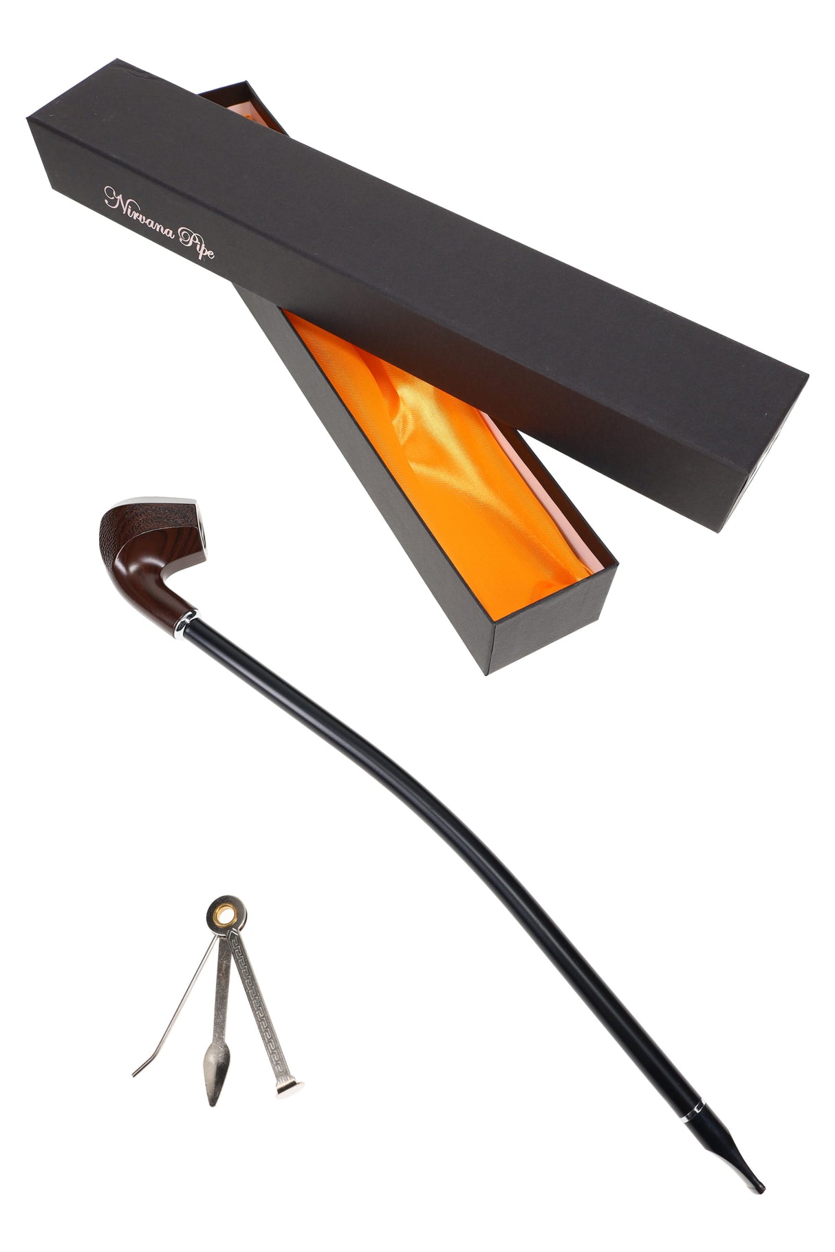 Nirvana Pipe 16″ classic wood pipe with long black curved stem, gift box, and metal poker tool
