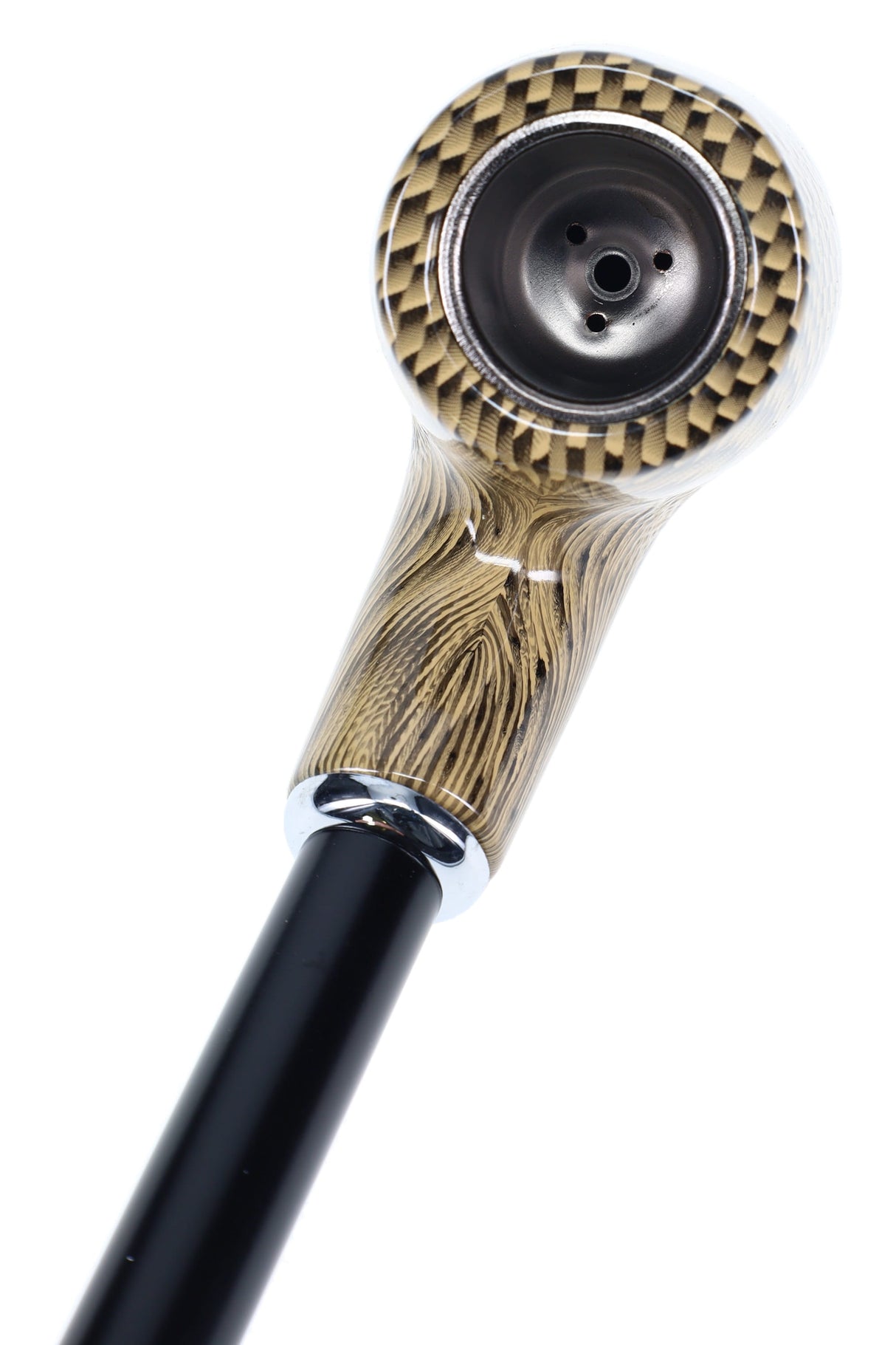 Close-up of metal bowl insert with airflow holes in checker-pattern wood pipe head, showing rim and texture