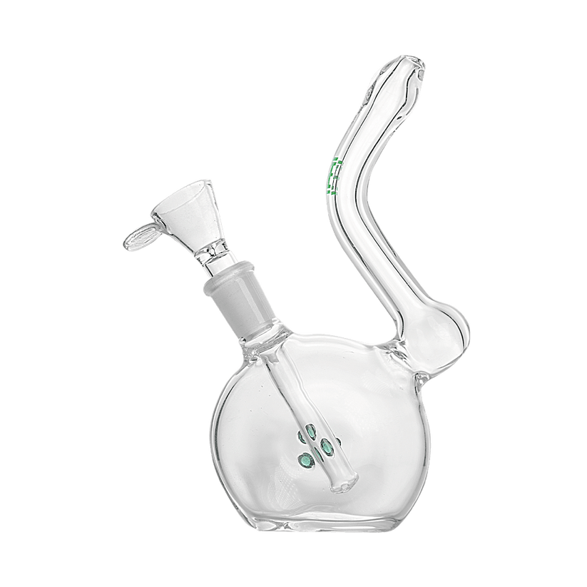 Clear 7″ Hemper Flavor Saver glass bubbler with bent neck and green marble accents, shown in side profile on white.