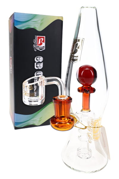 6B Glass 8″ lava lamp dab rig with amber accents, clear banger, branded box, and beaker base