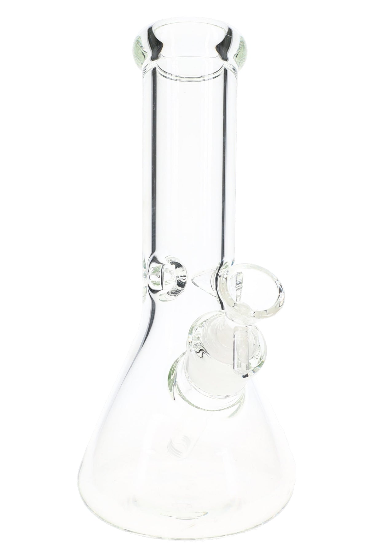 Clear 10-inch glass beaker bong with 9 mm thick walls and ice pinch, front product view for dry herb use