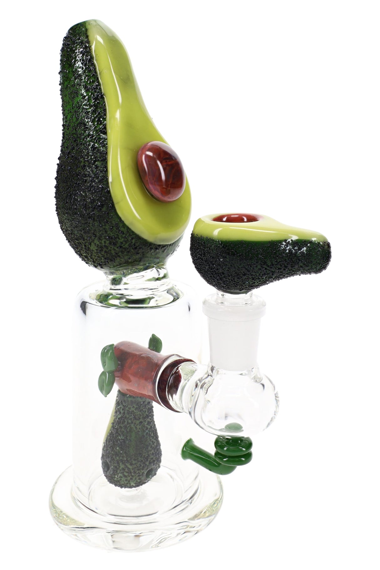 Avocadope glass mini rig with clear beaker body, textured green mouthpiece, and red-brown pit bowl