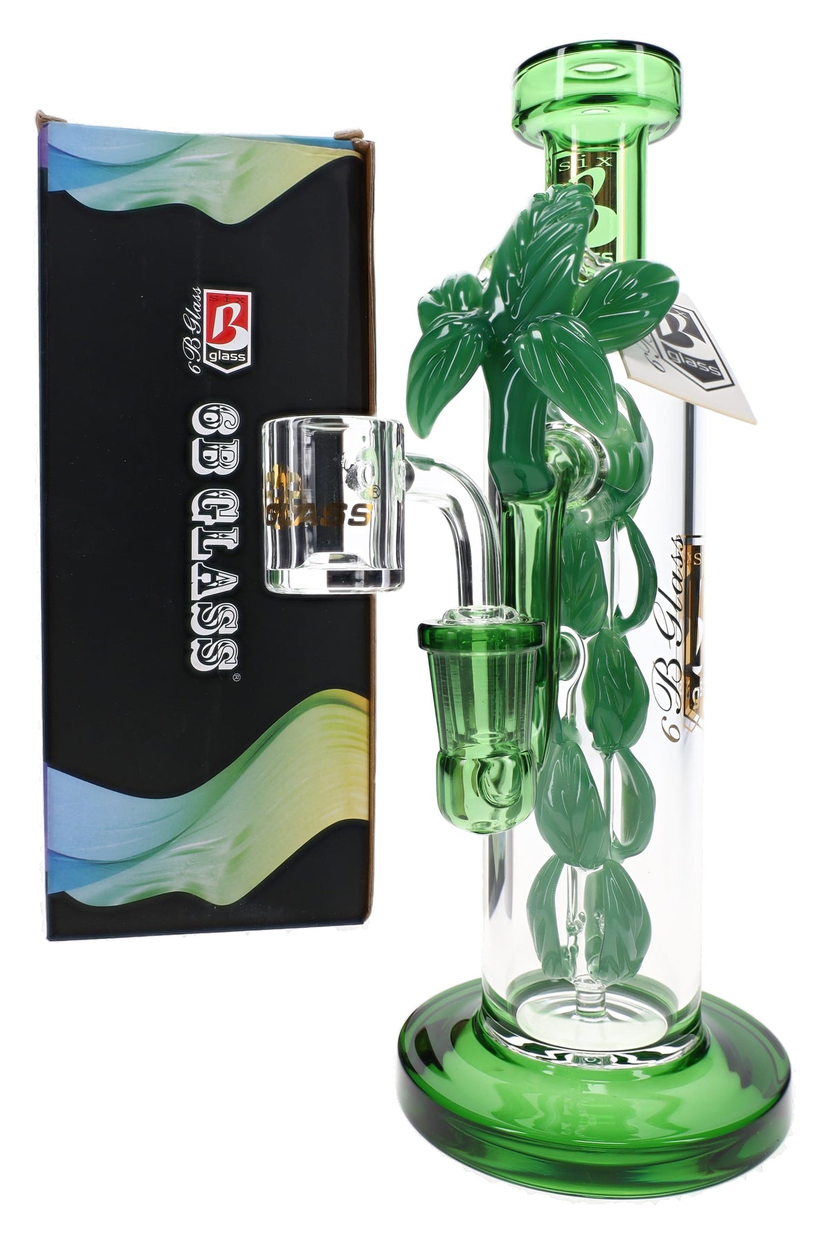 6B Glass 10″ leaf vine dab rig with green sculpted foliage, character perc, clear chamber and wide base