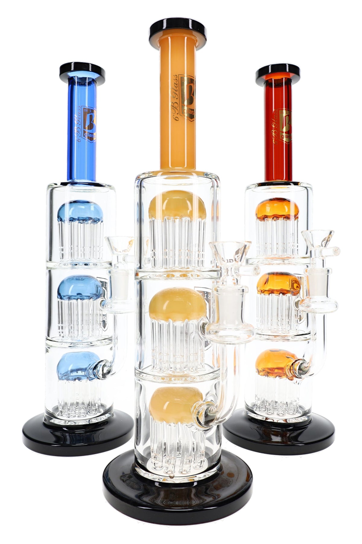 Assorted 6B Glass triple tree bongs with blue, amber, and red accents, black bases, and clear bowls