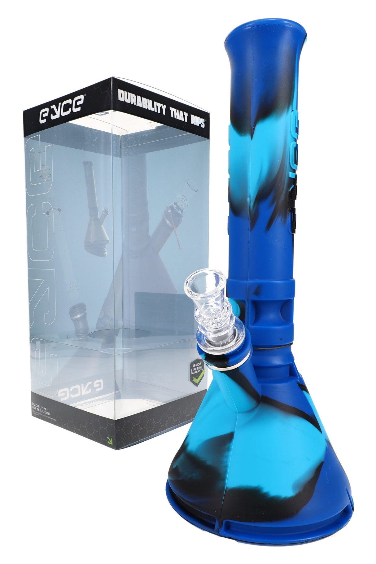 Blue swirl 12-inch Eyce silicone beaker bong standing beside branded retail box, showing installed clear glass herb bowl.