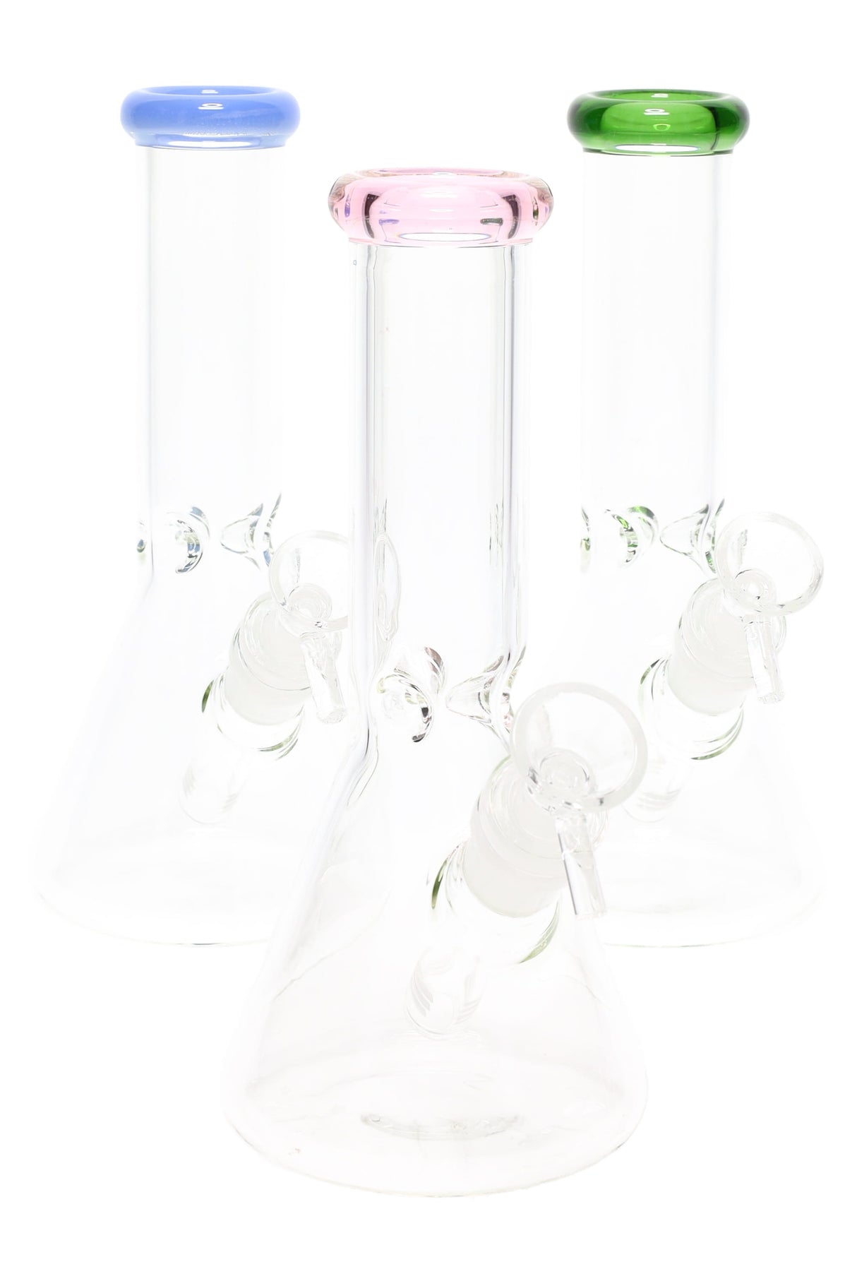 Clear 8 inch beaker bong trio with blue, pink, and green rims, ice pinch, and 14.5 mm bowls