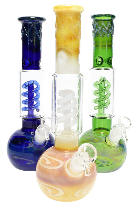 Medium bubble-base glass bong with yellow fumed neck and white spiral coil percolator in clear chamber.