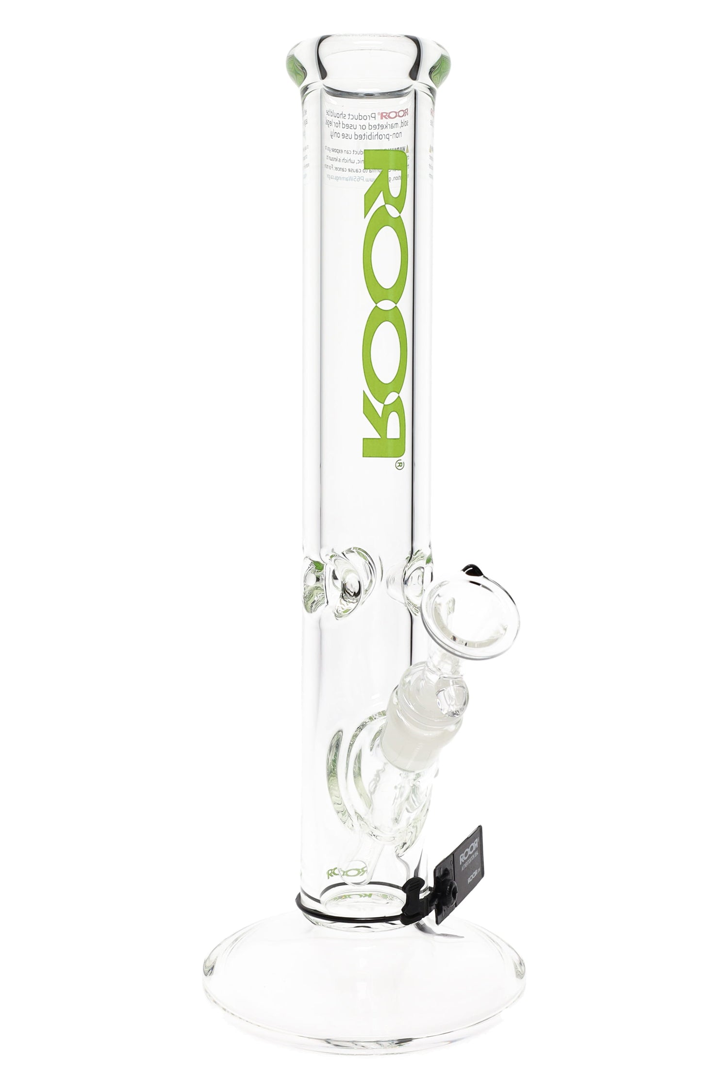 ROOR 14-inch straight tube glass bong with green logo, 7 mm thick body and ice pinch on a round base, clear glass-on-glass design on white background.