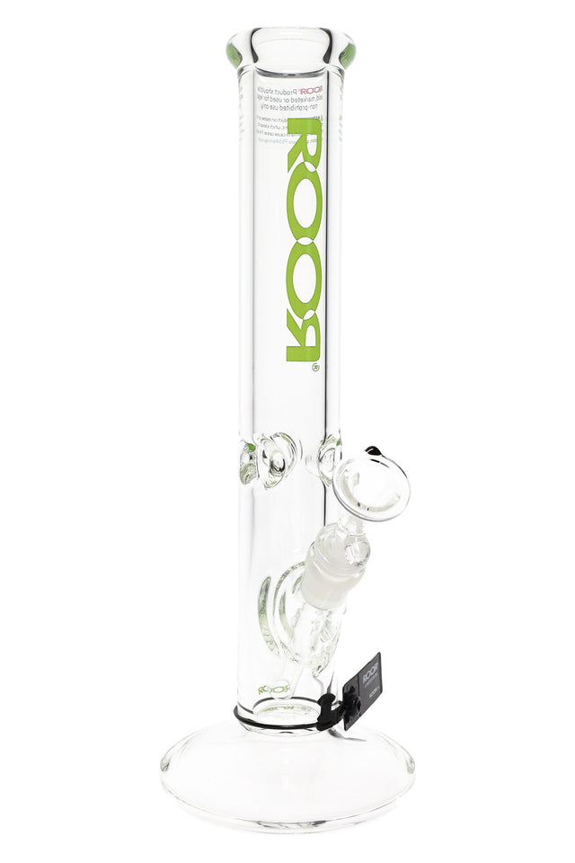ROOR 14-inch straight tube glass bong with green logo, 7 mm thick body and ice pinch on a round base, clear glass-on-glass design on white background.