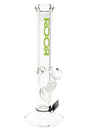 ROOR 14-inch straight tube glass bong with green logo, 7 mm thick body and ice pinch on a round base, clear glass-on-glass design on white background.