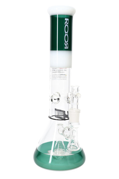 ROOR Tech 14-inch multicolor beaker water pipe in green and white with showerhead perc, removable downstem and herb bowl.