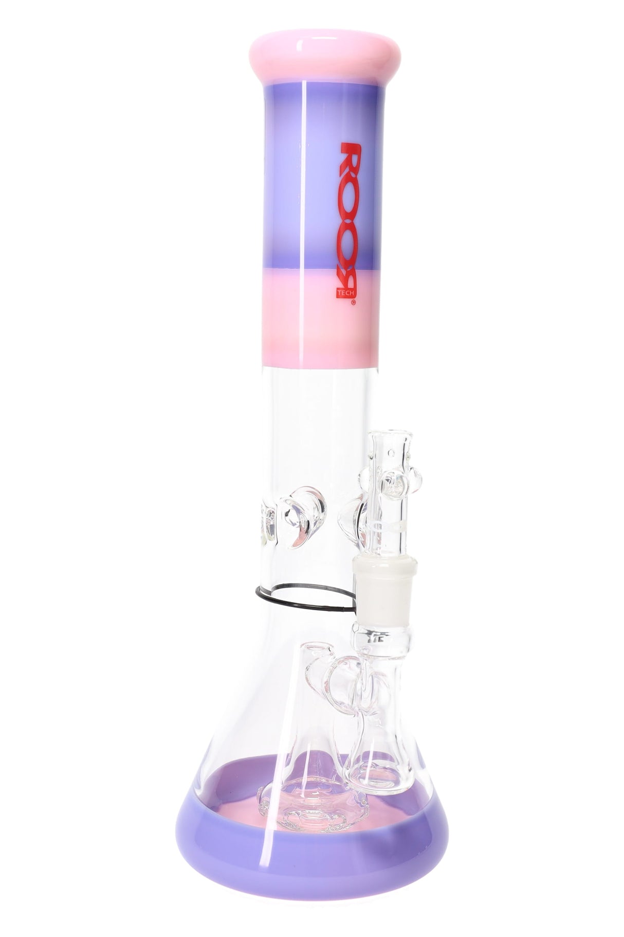 ROOR Tech 14-inch beaker bong in lavender and pink colorway, showerhead percolator, thick 5 mm borosilicate construction.