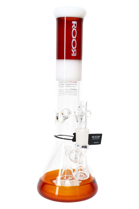 ROOR Tech 14-inch multicolor beaker bong in red and white with showerhead perc, glass-on-glass fittings and bowl included.