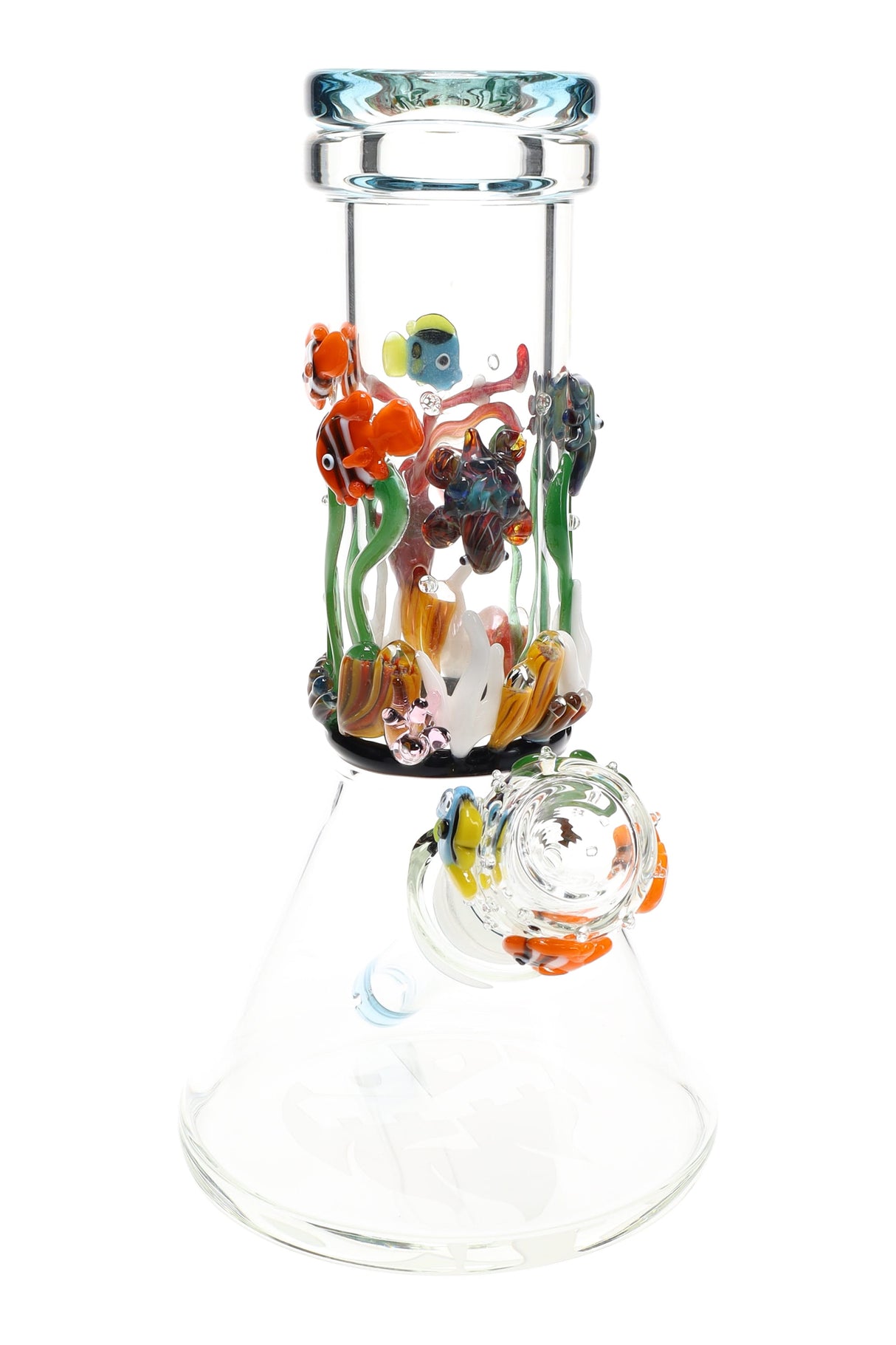 US-made baby beaker bong with hand-worked coral reef accents, clownfish and sea plants around the neck, clear beaker base for stability.