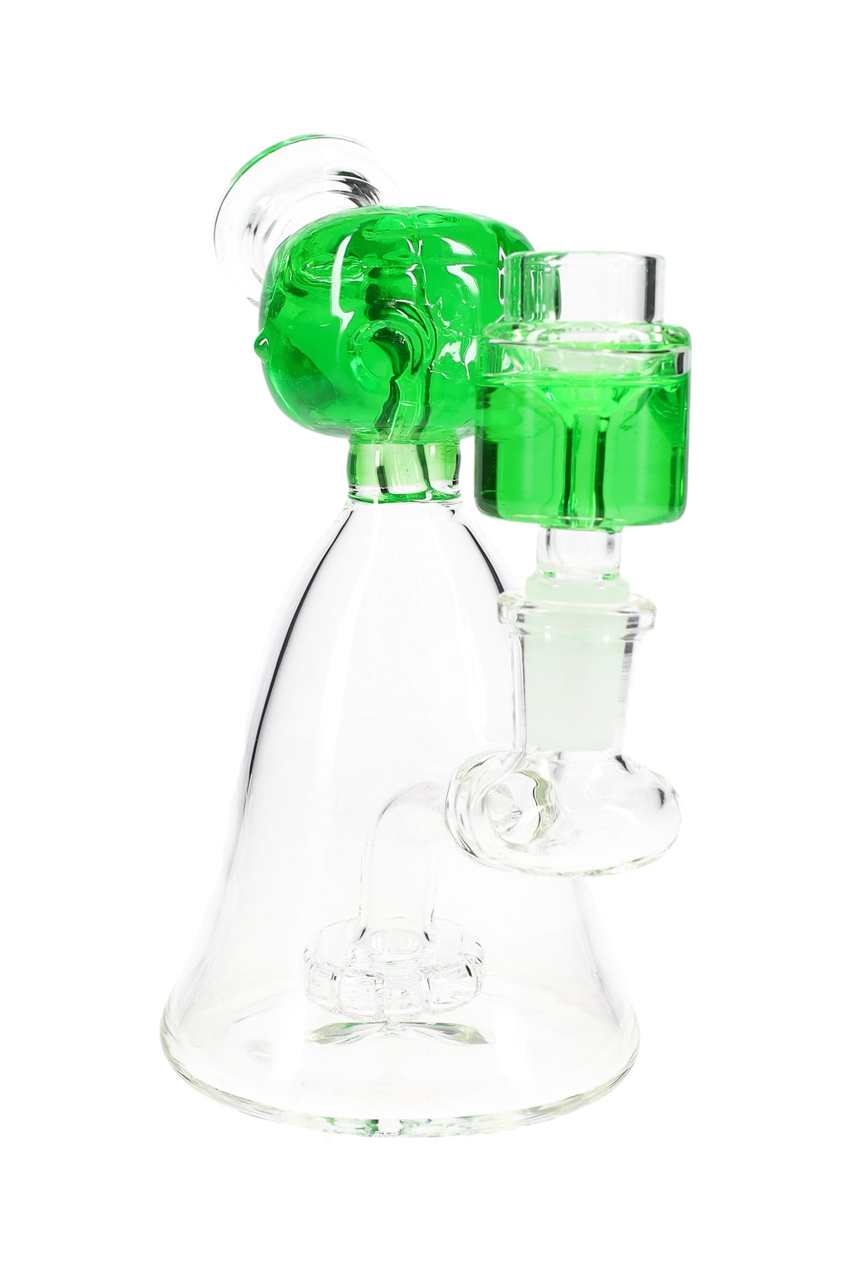 Green fluid-filled alien-head beaker bong highlighting GoG joint and showerhead percolator in a 6″ body.
