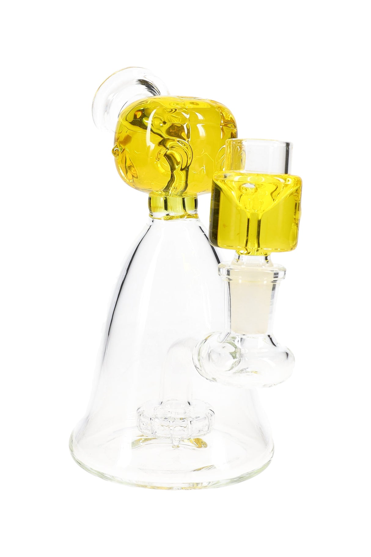 Yellow fluid-filled alien-head beaker bong showing ground-glass joint and compact beaker base.