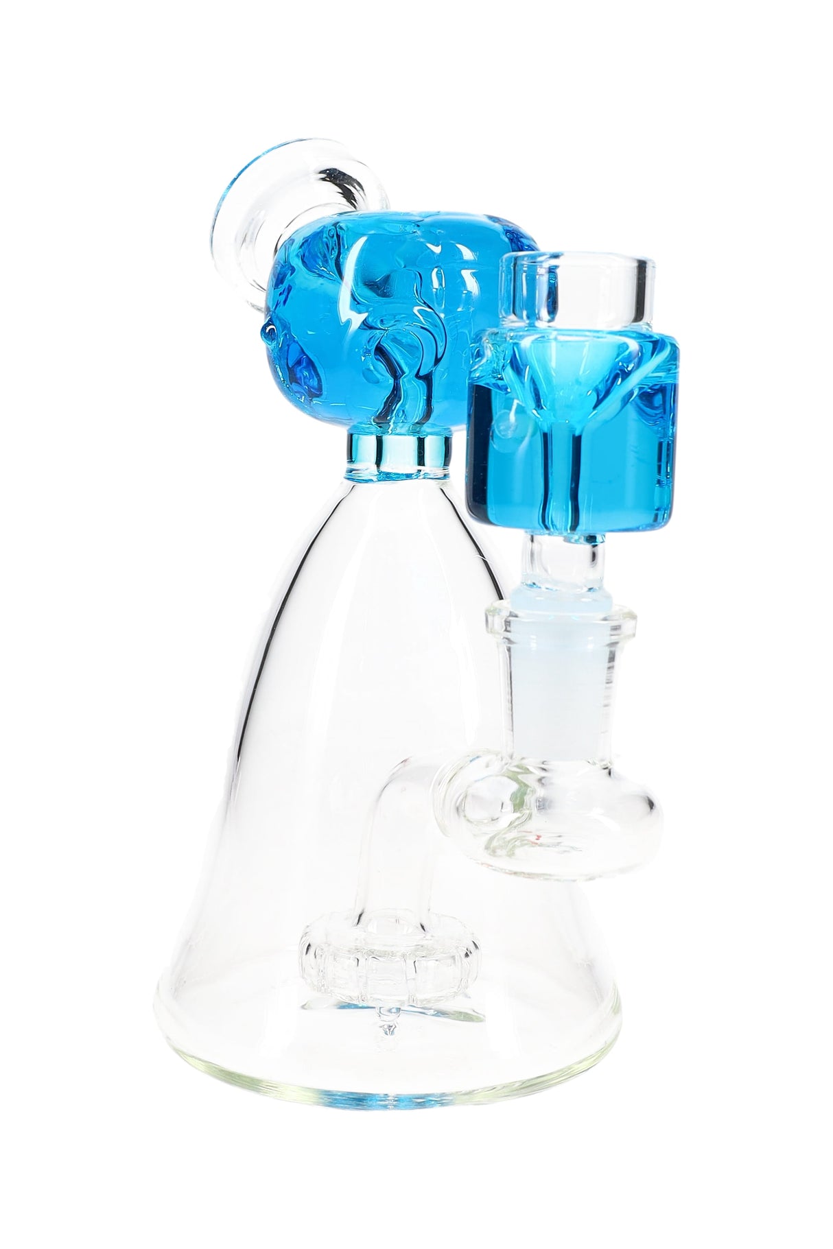 Blue fluid-filled alien-head beaker bong with clear chamber and showerhead perc at the base.