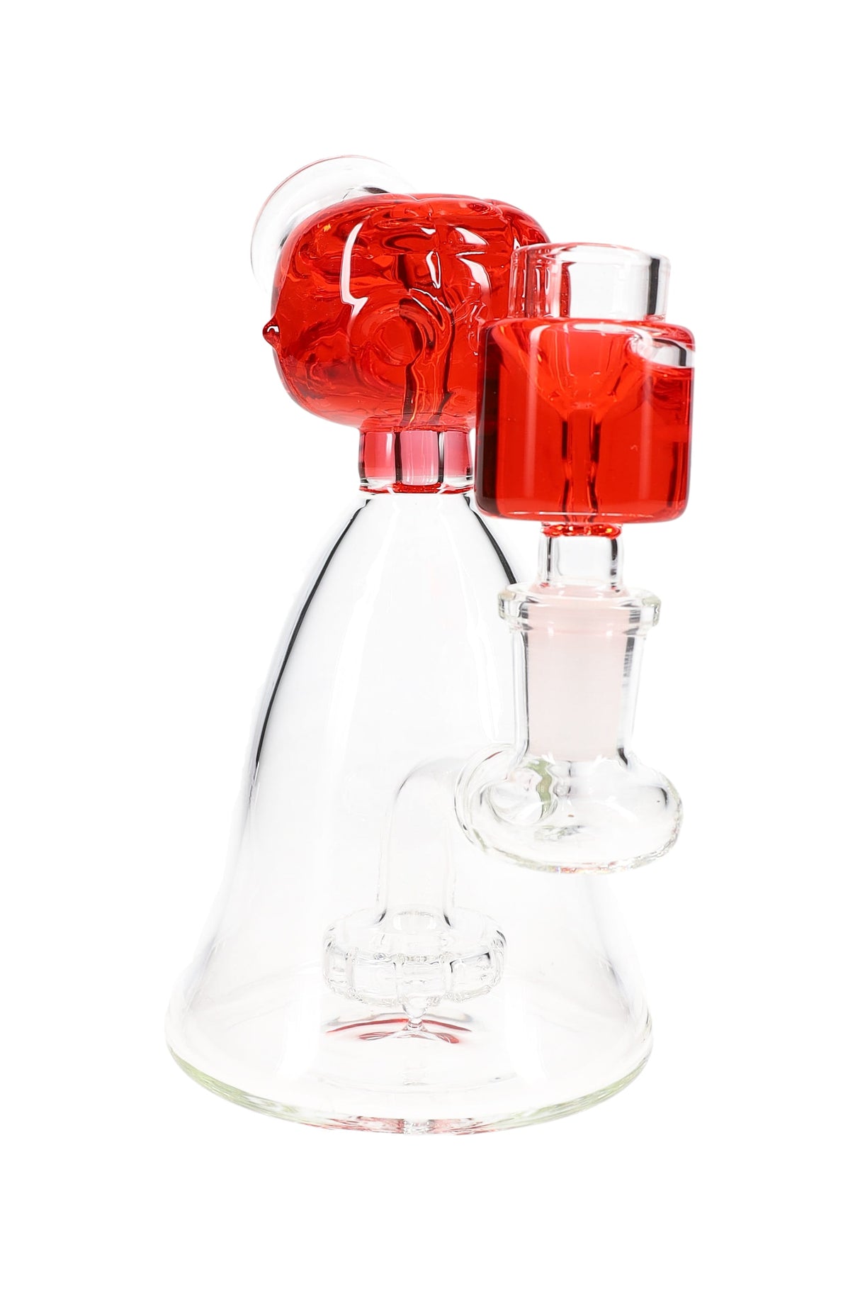 Red fluid-filled alien-head mini beaker bong showing GoG joint and stable beaker base.