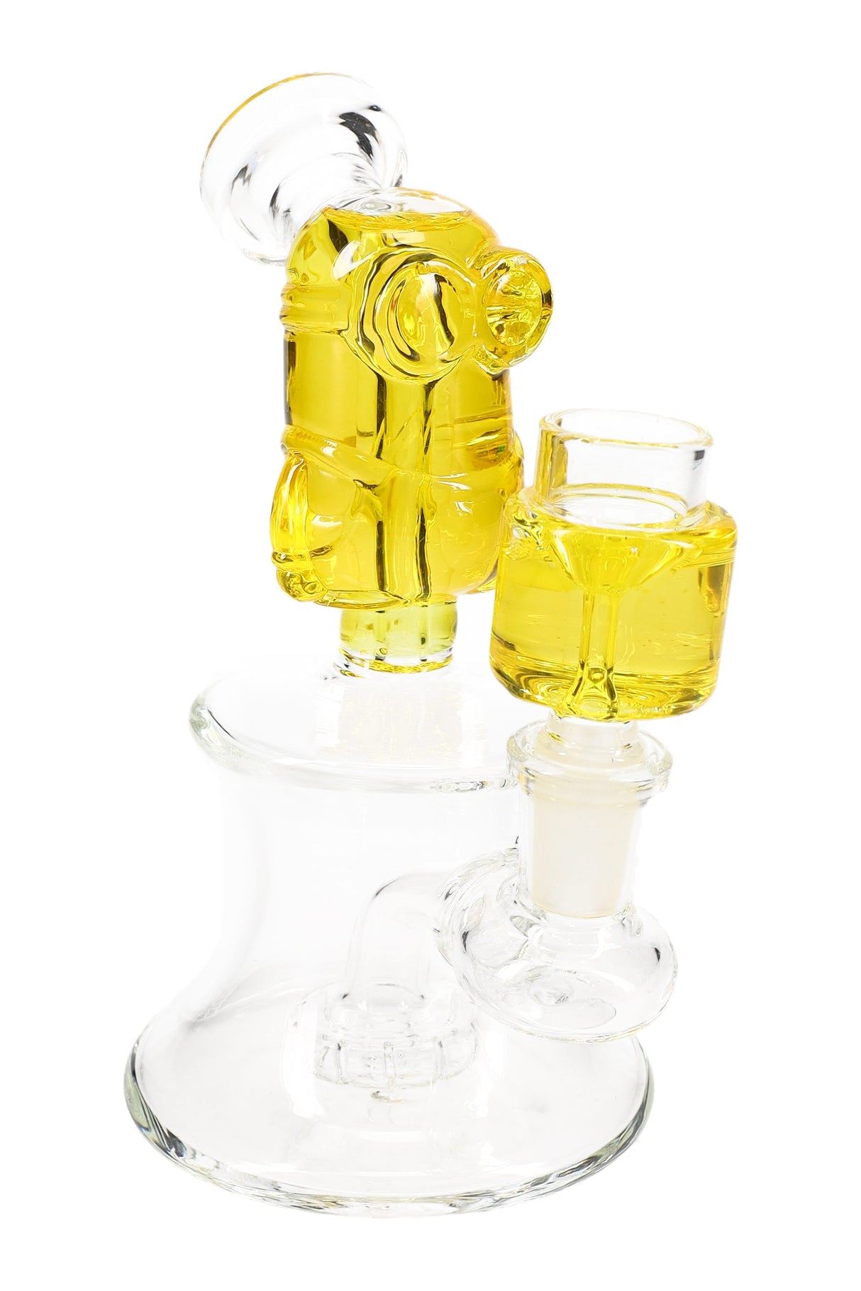 Yellow fluid-filled mini bong on clear base with matching fluid cup and visible showerhead perc in the lower chamber.