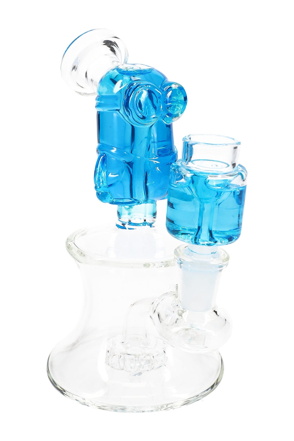Blue fluid-filled character mini bong showing 14.5 mm female joint and showerhead perc inside a compact pedestal chamber.