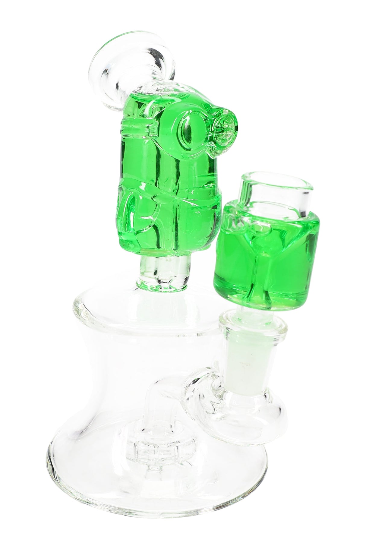 Green fluid-filled character mini bong with matching fluid cup attachment, stemless GoG joint, and clear base.