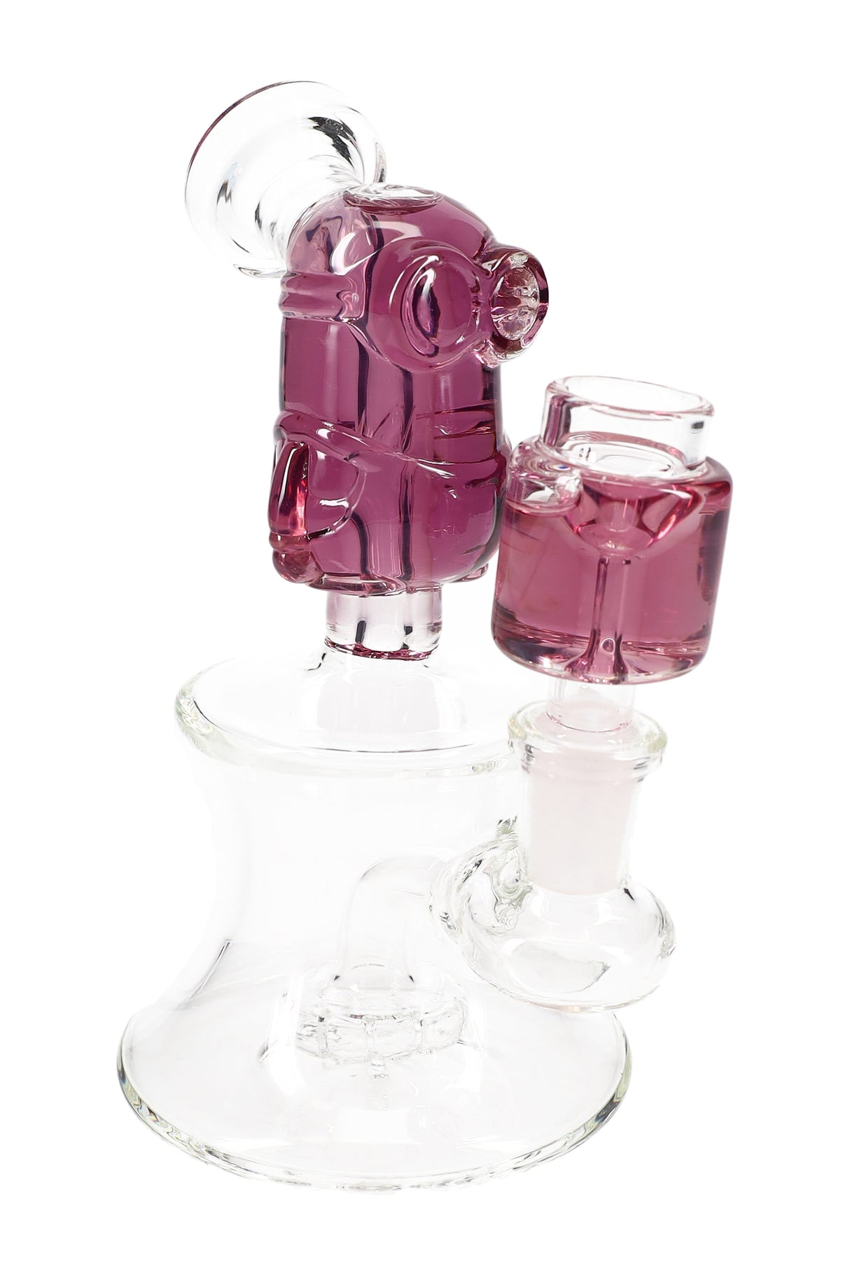 Purple fluid-filled character mini bong with compact chamber, showerhead perc, and clean glass-on-glass joint.