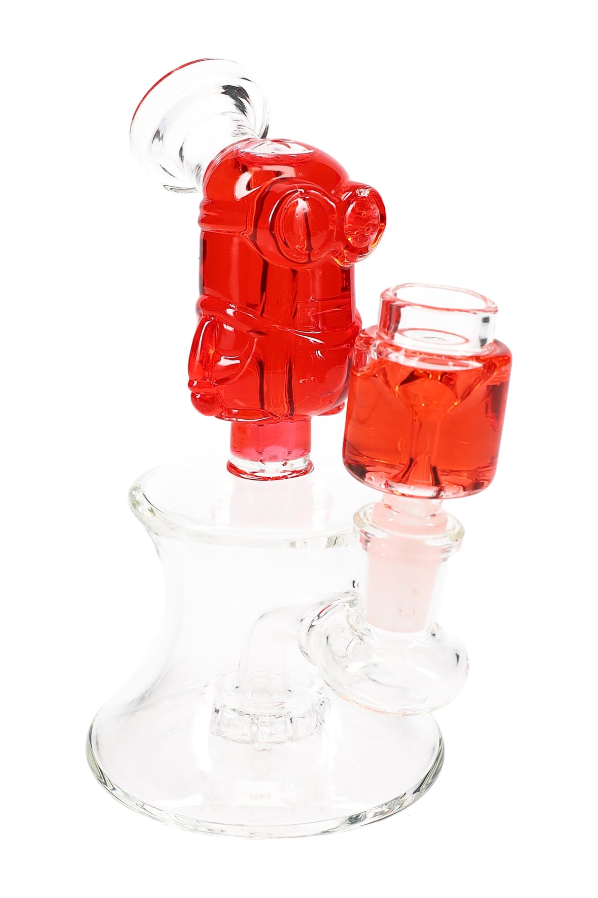 Red fluid-filled character mini bong highlighting the pedestal base, 14.5 mm female joint, and internal showerhead perc.