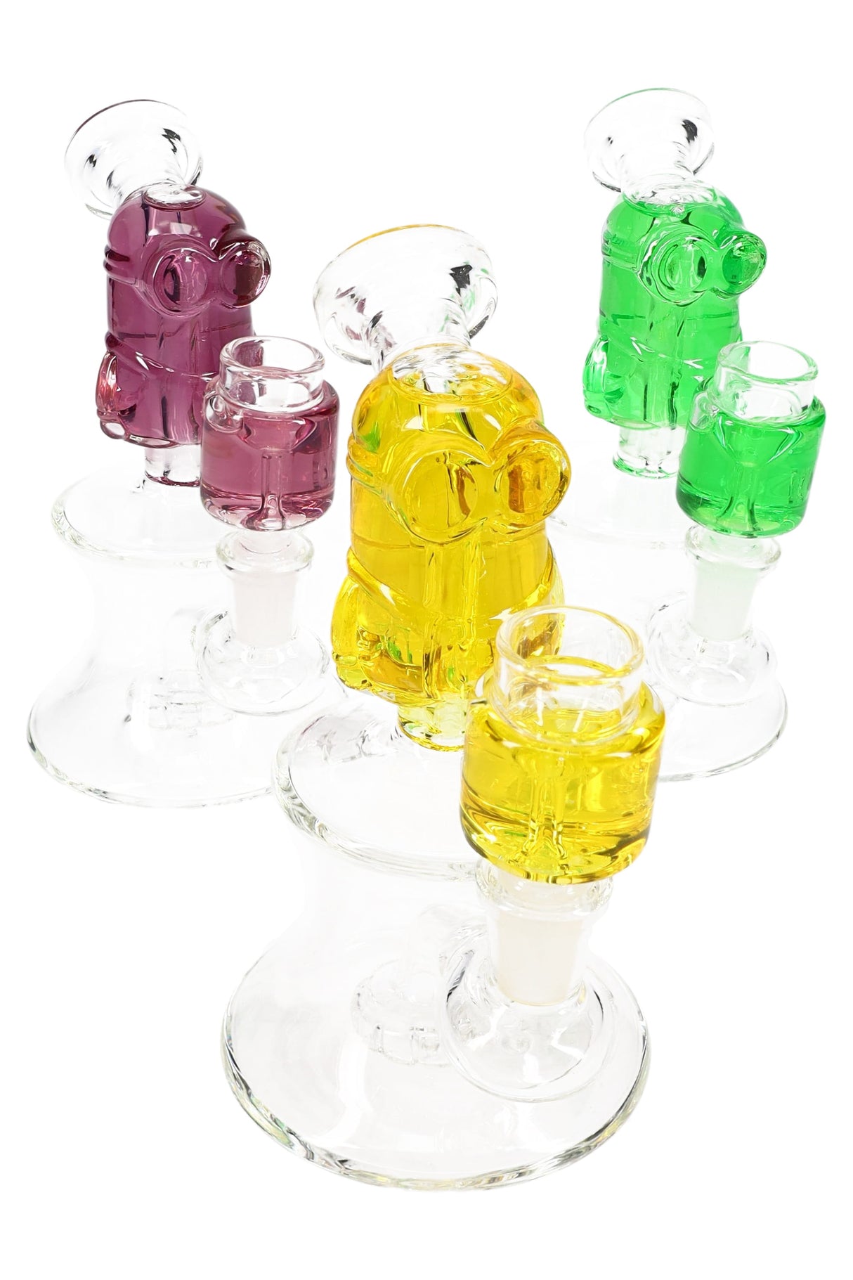 Group of 6½″ stemless fluid-filled mini bongs with cartoon tops, showerhead percs, and GoG joints in yellow, green, blue, and purple.