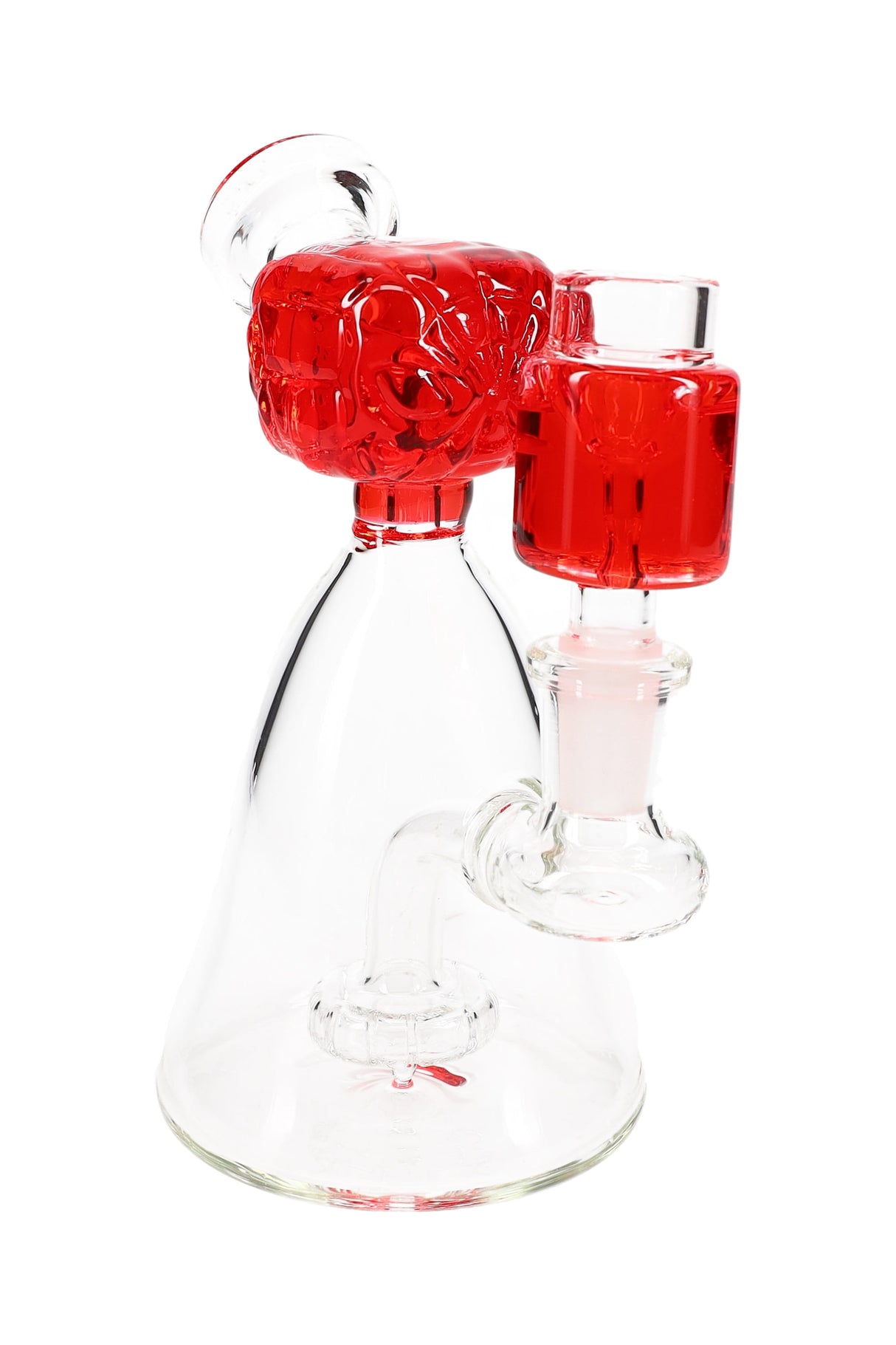 Compact red-accent mini glass beaker bong with fluid-filled chamber and showerhead perc, stemless joint.