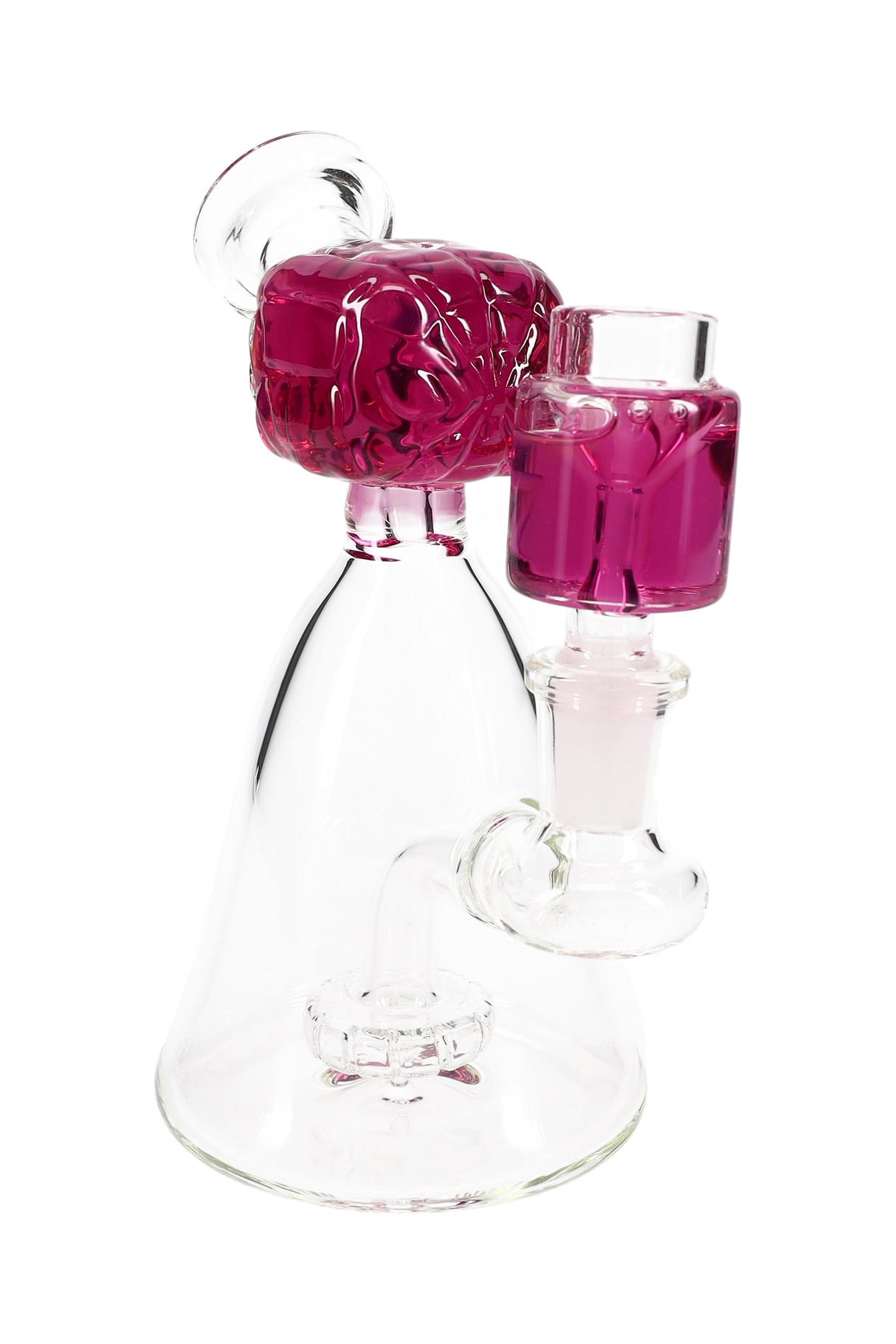 Purple-accent small glass beaker bong featuring fluid-filled spider hero top and matching chamber with perc.