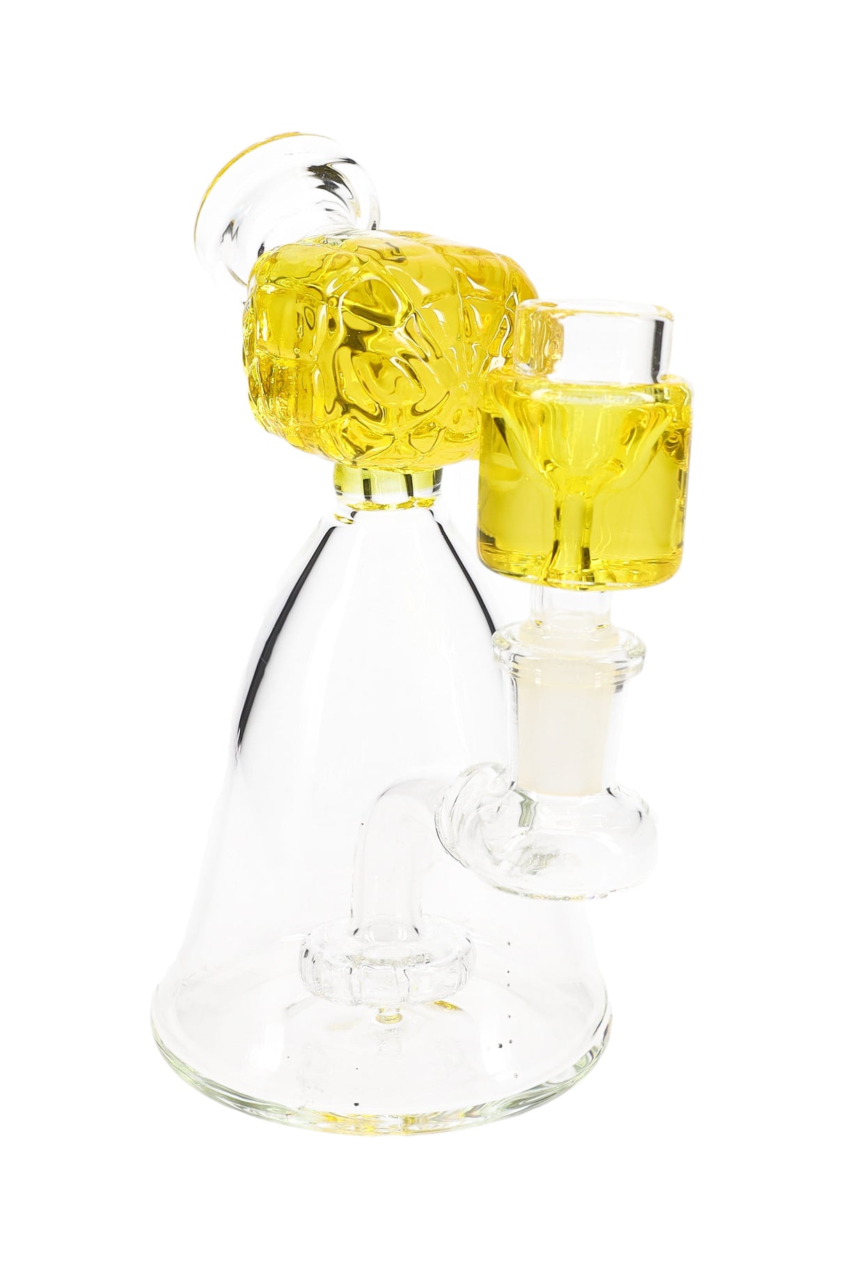 Yellow-accent mini beaker bong displaying fluid-filled spider hero head and showerhead perc, stemless design.