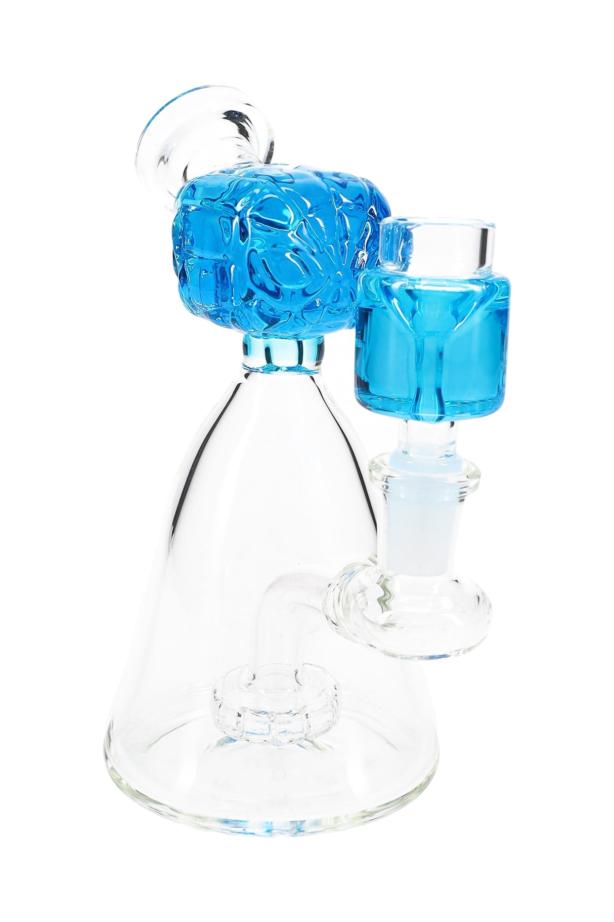 Blue-accent small glass beaker bong with fluid-filled spider hero mouthpiece and matching chamber, 6-inch size.