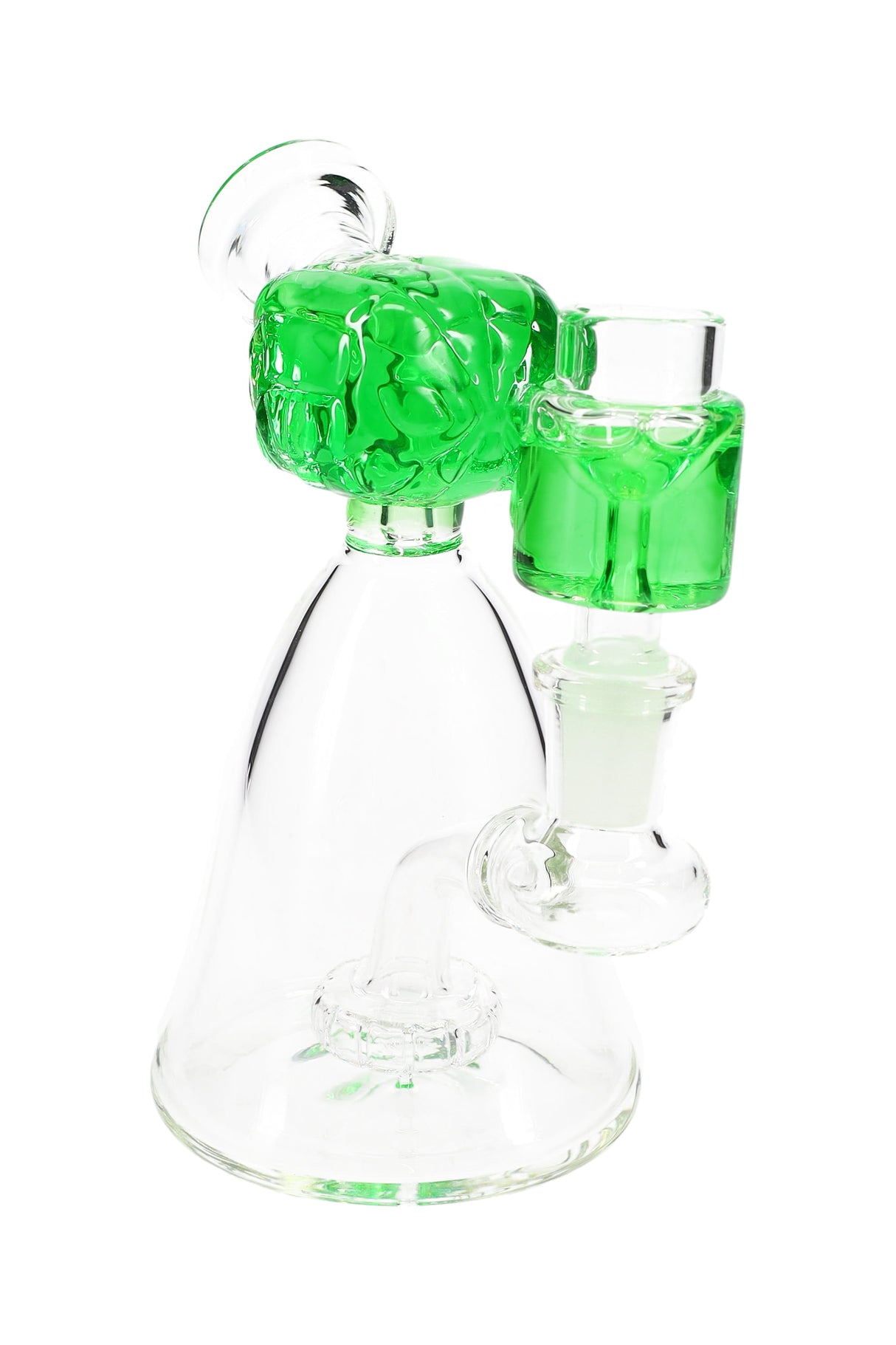 Green-accent mini glass beaker bong with fluid-filled spider hero head and showerhead perc, stable beaker base.