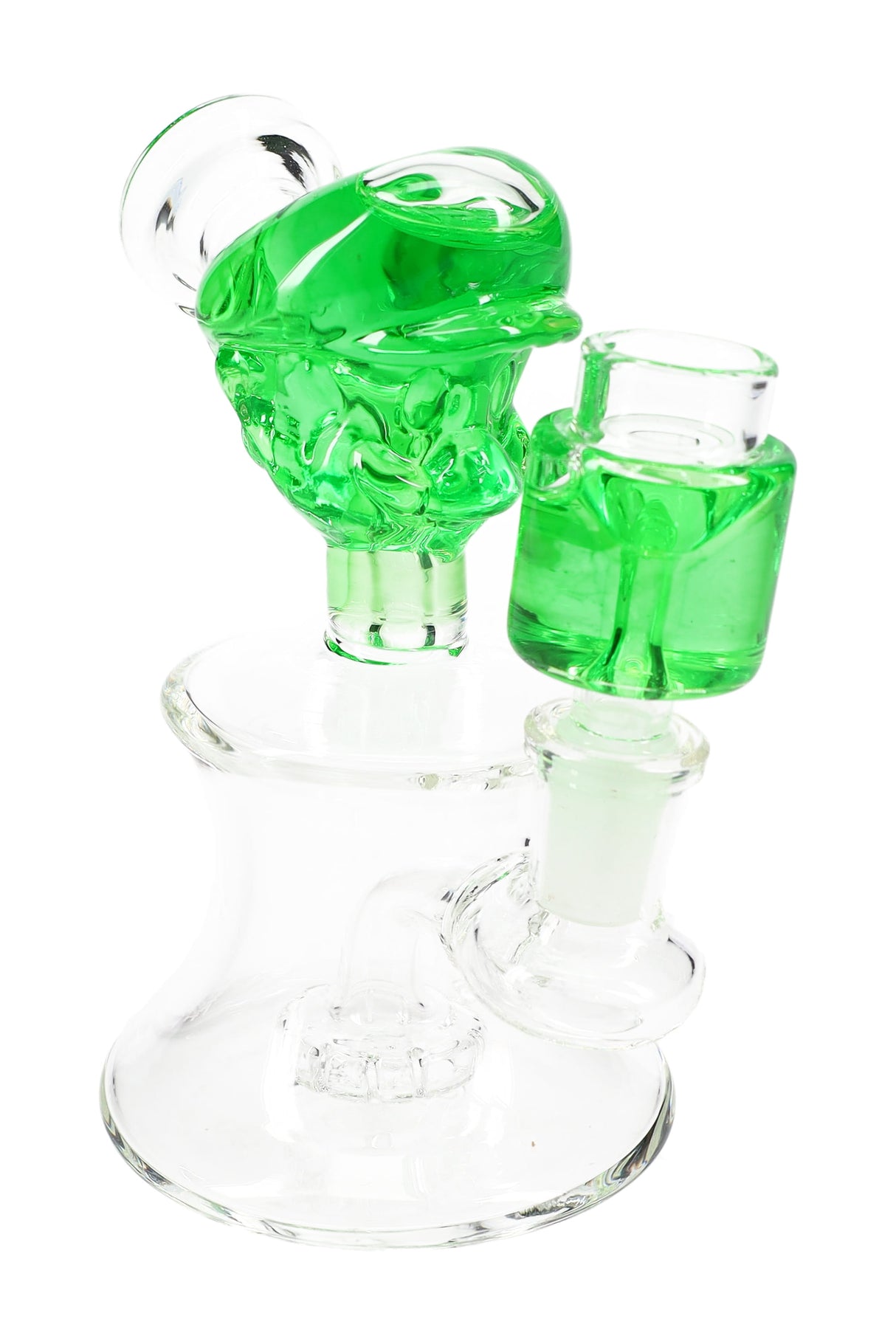 Green-accent 5.5″ plumber-themed mini bong with fluid-filled top, matching chamber, and stemless showerhead perc.