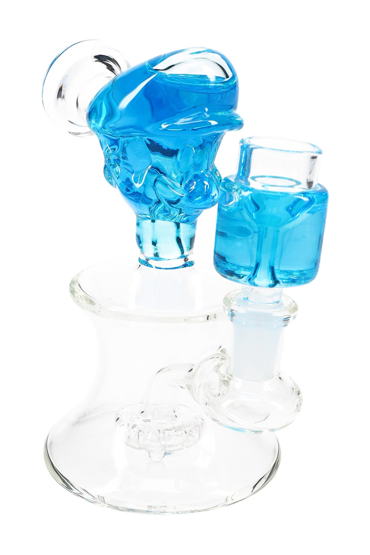 Blue-accent small plumber glass bong featuring fluid-filled head and matching chamber on a clear hourglass-style base.
