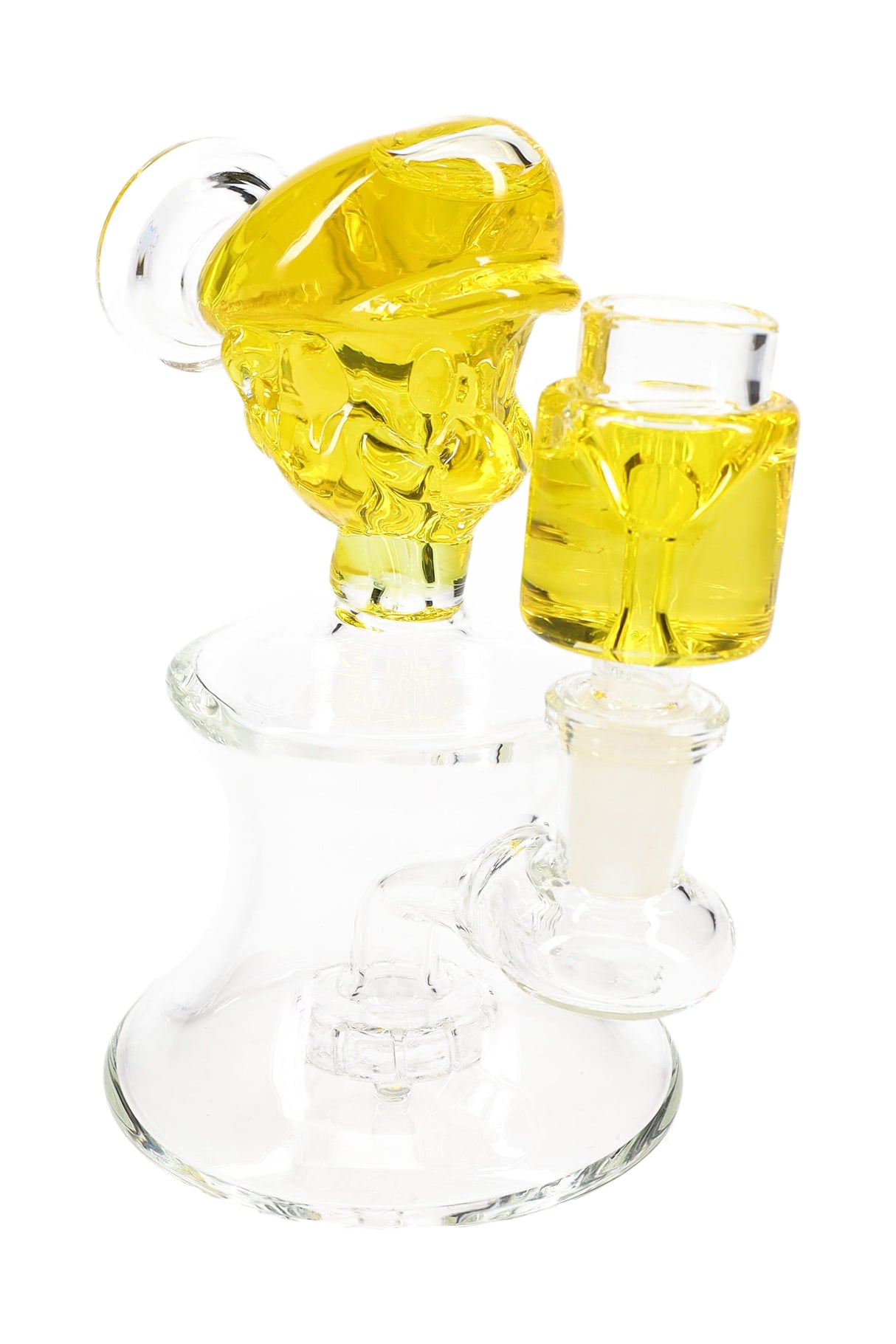 Yellow-accent mini plumber bong with fluid-filled character head, matching accent chamber, and showerhead perc detail.