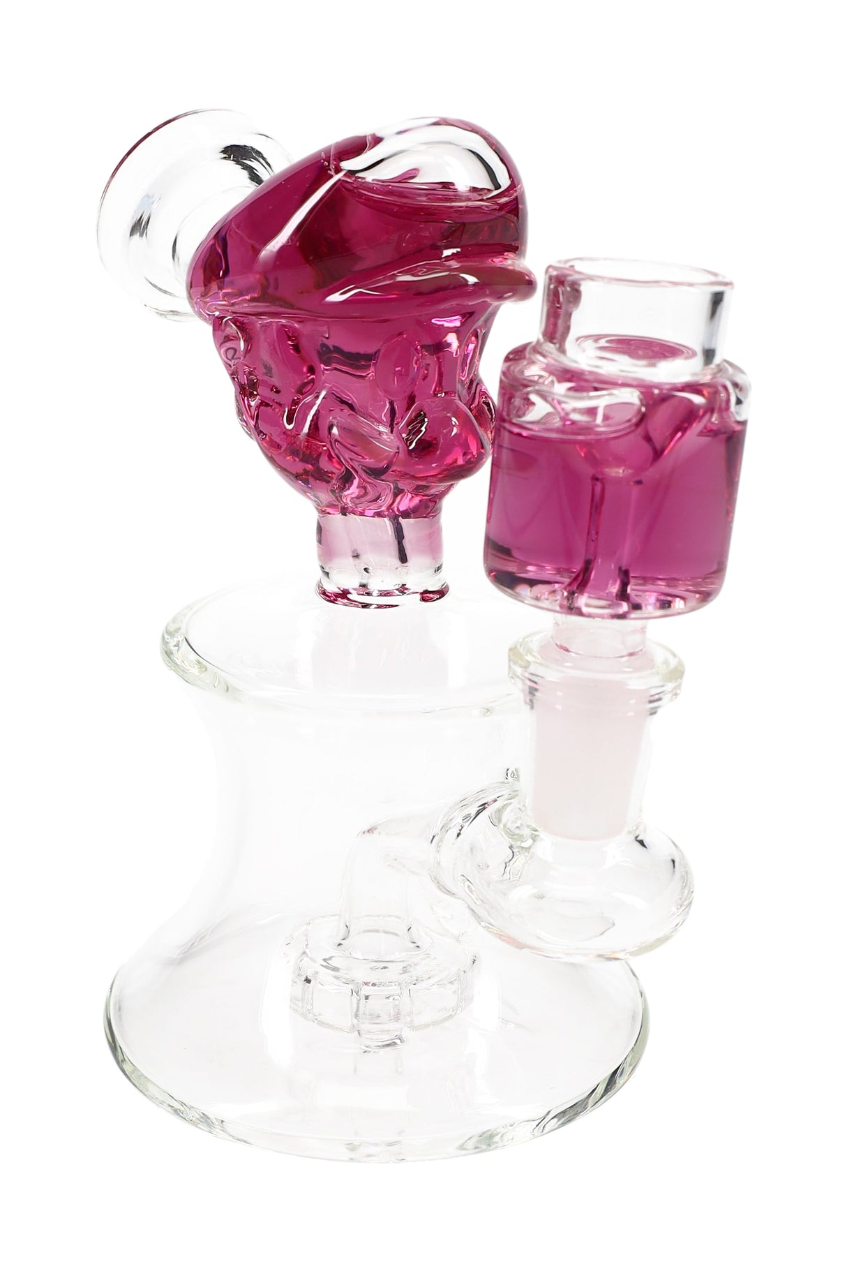 Purple-accent compact plumber glass bong, fluid-filled character mouthpiece and matching chamber over clear base.