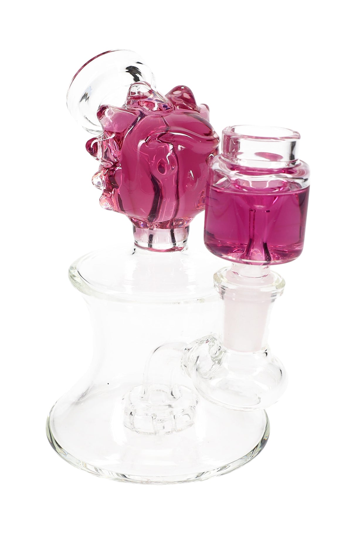 Purple-accent compact glass bong featuring fluid-filled “Ricky” head, matching chamber, and stemless showerhead perc.