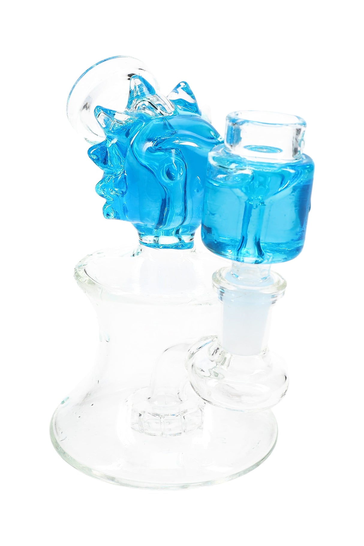 Blue-accent small glass bong with fluid-filled “Ricky” head and matching chamber, glass-on-glass joint detail shown.