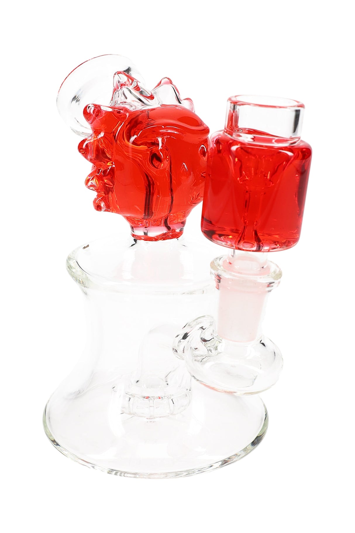 Red-accent mini glass bong highlighting fluid-filled “Ricky” head and showerhead perc on a stable clear base.