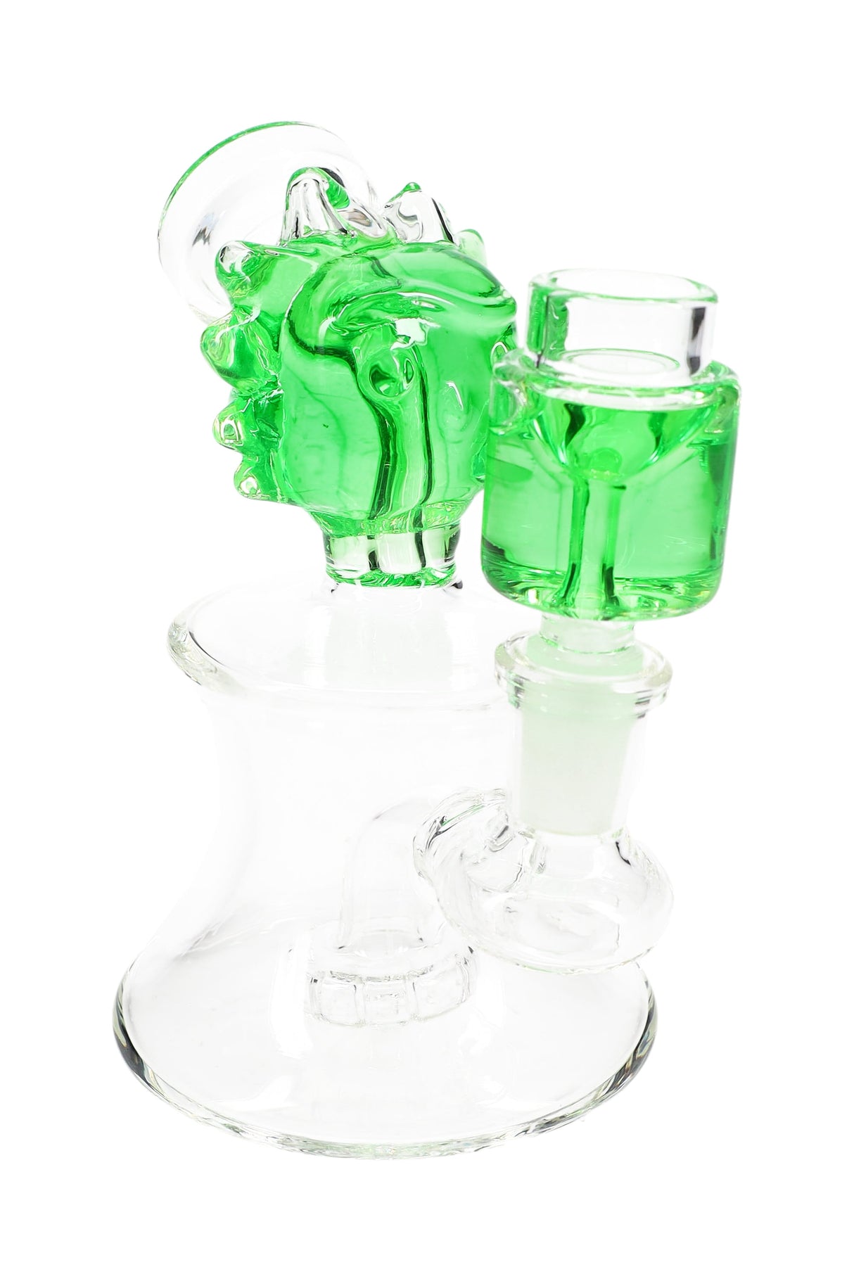 Green-accent 5½″ glass bong with fluid-filled “Ricky” head and matching chamber, stemless design and perc visible.
