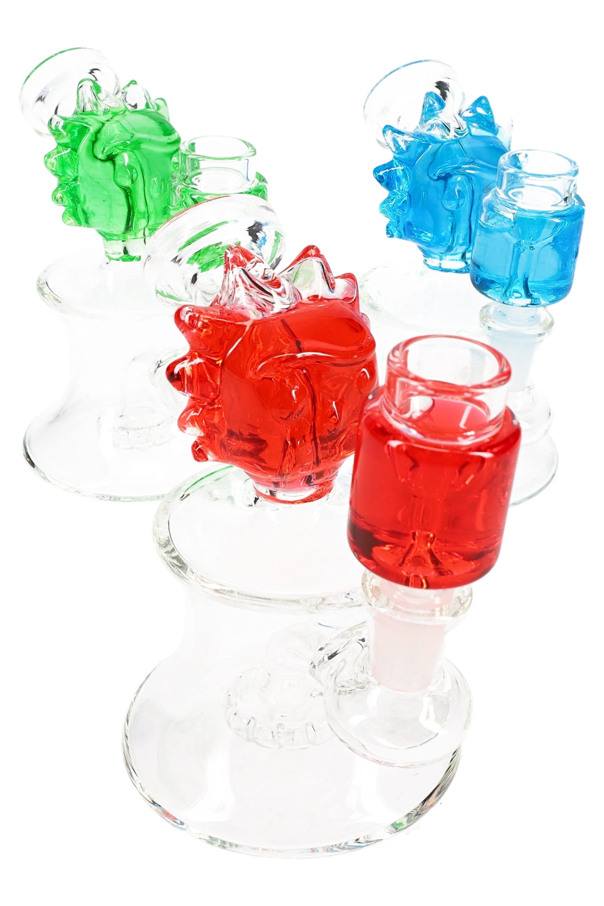 Small glass bong with red fluid-filled “Ricky” head, matching accent chamber, showerhead perc, 5½-inch size.